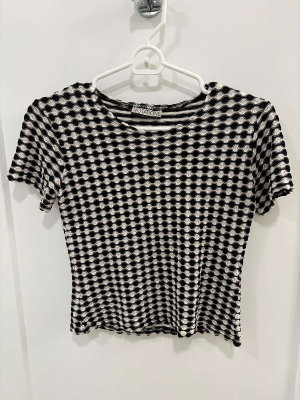 Vintage Y2K Notations Black White Popcorn Geometric Stretchy Shirt Size Small